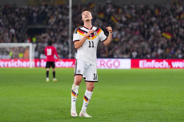 06.10.2026, xydrx, Herren, Fußball, Länderspiel, U21, U 21 EM-Qualifikation, Deutchland - Georgien, Saison 2026 2027, Schüco Arena: Torjubel nach dem Tor zum 2:0 für Deutschland durch Torschütze Dzenan Pejcinovic (GER, 11) DFB regulations prohibit any use of photographs as image sequences and or quasi-video. Copyright: HMBxMedia YannisxDreimann