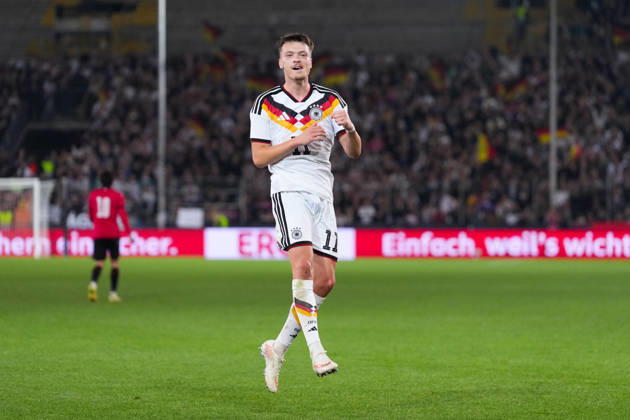 06.10.2026, xydrx, Herren, Fußball, Länderspiel, U21, U 21 EM-Qualifikation, Deutchland - Georgien, Saison 2026 2027, Schüco Arena: Torjubel nach dem Tor zum 2:0 für Deutschland durch Torschütze Dzenan Pejcinovic (GER, 11) DFB regulations prohibit any use of photographs as image sequences and or quasi-video. Copyright: HMBxMedia YannisxDreimann