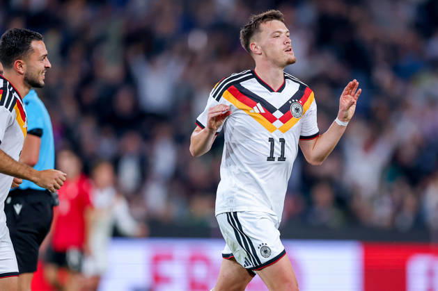 06.10.2026, Fußball, U21, U 21 Länderspiel, Deutschland - Georgien, Qualifikation U21-EM 2027, Almstadion (Bielefeld): Torjubel nach dem Tor zum 2:0 durch Torschütze Dzenan Pejcinovic (U21 GER 11) zusammen mit DFB regulations prohibit any use of photographs as image sequences and or quasi-video. Nordrhein-Westfalen Deutschland