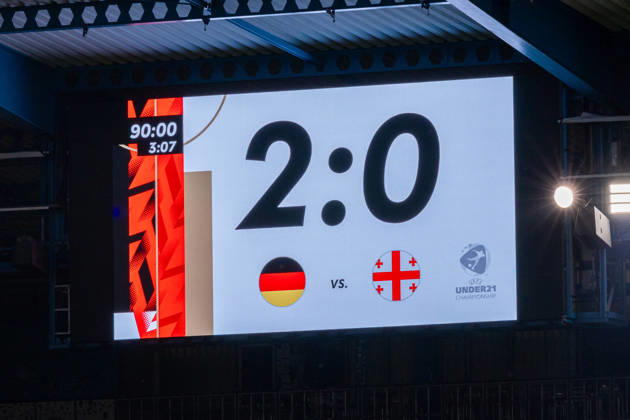 Anzeigetafel mit dem Stand von 2:0 nach Abpfiff GER, Deutschland (GER) vs. Georgien (GEO), Fussball, UEFA U21, U 21 EM-Qualifikation, Gruppe F, 13. Spieltag, Spielzeit 2026 2027, 06.10.2026 GER, Deutschland (GER) vs. Georgien (GEO), Fussball, UEFA U21 EM-Qualifikation, Gruppe F, 13. Spieltag, Spielzeit 2026 2027, 06.10.2026 Bielefeld Copyright: xEibner-Pressefoto JanxRollingerx EP_JSK