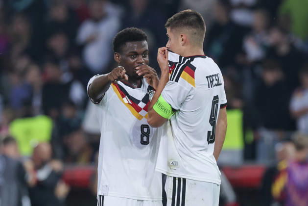 Noel Aseko (Germany) und Nicolo Tresoldi (Germany) talk together during the UEFA Under21 EURO Qualifier, EM, Europameisterschaft between Germany U21, U 21 and Georgia U21 at Almstadion on October 6, 2026 in Bielefeld, Germany. (Photo by Marco Steinbrenner DeFodi Images) -