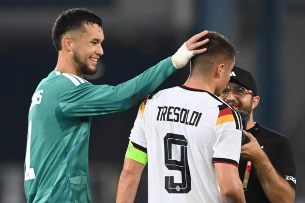 Schlussjubel, Jubel, jubeln, Freude, cheers, Torwart Mio BACKHAUS (GER) und Nicolo TRESOLDI (GER) Fussball Laenderspiel, U21, U 21 EM-Qualifikation, Deutschland - Georgien 2-0 am 06.10.2026, Schueco-Arena Bielefeld, Â