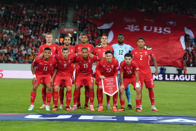 Luzern, Switzerland - October 06: Dan Ndoye (11 SUI), Remo Freuler (8 SUI), Sascha Britschgi (2 SUI), Mohameth Djibril Ibrahima Sow (15 SUI), Fabian Rieder (22 SUI), Ricardo Rodriguez Araya (13 SUI), Nico Elvedi (4 SUI), Mohamed Zeki Amdouni (10 SUI) Vincent Sierro (6 SUI), Manuel Akanji (5 SUI) and Yvon Landry Mvogo Nganoma (Goalkeeper 12 SUI) before the UEFA Nations League match between Switzerland and North Macedonia at thermoplan arena on October 06, 2026 in Luzern, Switzerland. Copyright: xKjetilxWaberx xSPPx Sportspressphoto_SPR247154