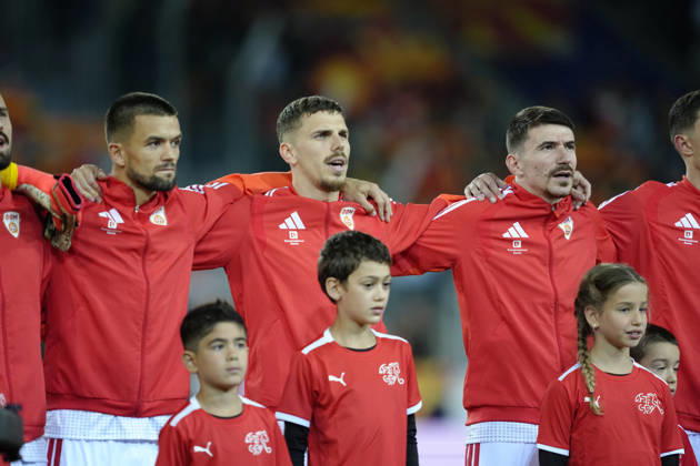 Luzern, Switzerland - October 06: Andrej Stojchevski (4 MKD) during National anthem before the UEFA Nations League match between Switzerland and North Macedonia at thermoplan arena on October 06, 2026 in Luzern, Switzerland. Copyright: xKjetilxWaberx xSPPx Sportspressphoto_SPR247156