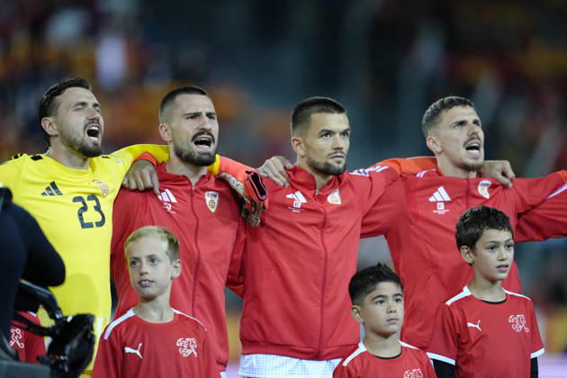 Luzern, Switzerland - October 06: Stole Dimitrievski (Goalkeeper 23 MKD) and Andrej Stojchevski (4 MKD) during National anthem before the UEFA Nations League match between Switzerland and North Macedonia at thermoplan arena on October 06, 2026 in Luzern, Switzerland. Copyright: xKjetilxWaberx xSPPx Sportspressphoto_SPR247160