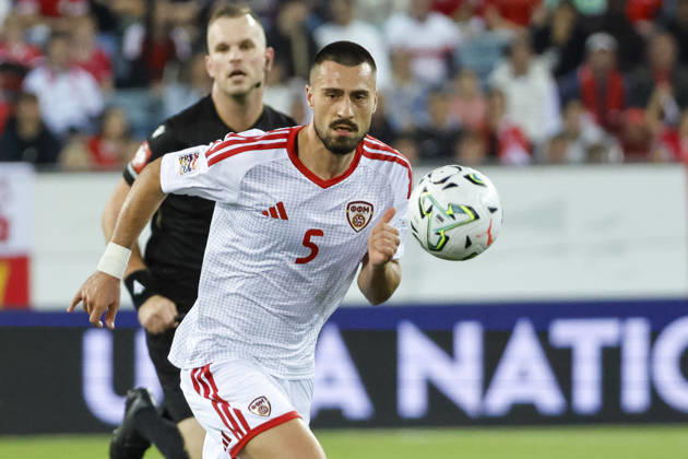 Gjorko Zajkov (Nordmazedonien, 05) am Ball , Schweiz, UEFA , Nations League, Matchday 4, Schweiz vs. Nordmazedonien, 06.10.2026, Luzern Swissporarena Schweiz Copyright: xGrantxHubbsx