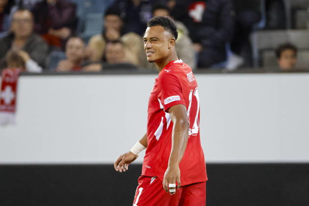 Dan Ndoye (Schweiz, 11), Mimik, Gesichtsausdruck, Emotion , Schweiz, UEFA , Nations League, Matchday 4, Schweiz vs. Nordmazedonien, 06.10.2026, Luzern Swissporarena Schweiz Copyright: xGrantxHubbsx