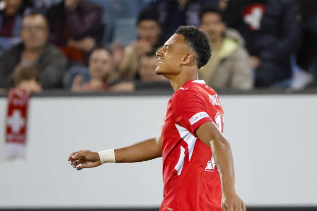 Dan Ndoye (Schweiz, 11), Mimik, Gesichtsausdruck, Emotion , Schweiz, UEFA , Nations League, Matchday 4, Schweiz vs. Nordmazedonien, 06.10.2026, Luzern Swissporarena Schweiz Copyright: xGrantxHubbsx