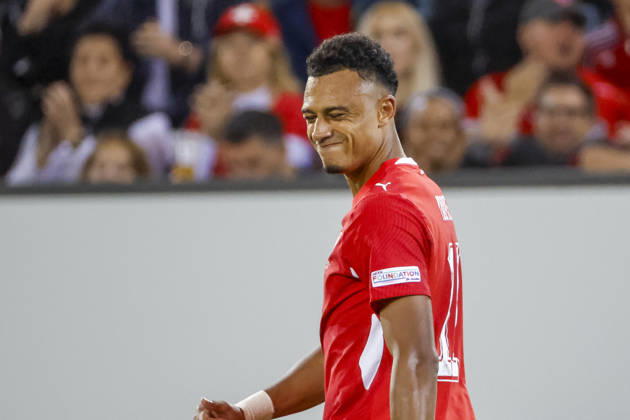 Dan Ndoye (Schweiz, 11), Mimik, Gesichtsausdruck, Emotion , Schweiz, UEFA , Nations League, Matchday 4, Schweiz vs. Nordmazedonien, 06.10.2026, Luzern Swissporarena Schweiz Copyright: xGrantxHubbsx