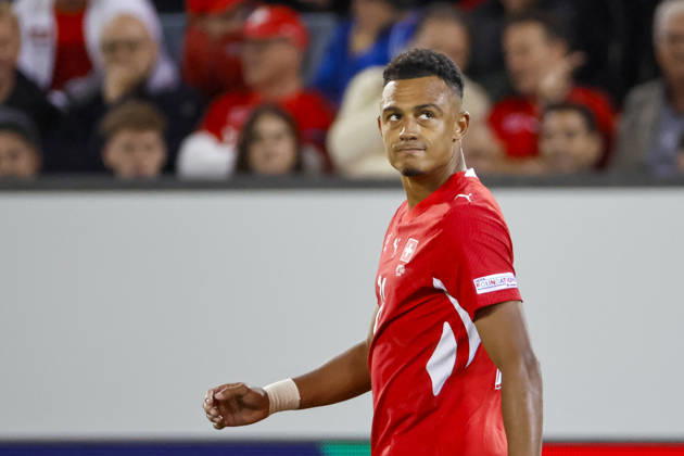 Dan Ndoye (Schweiz, 11), Mimik, Gesichtsausdruck, Emotion , Schweiz, UEFA , Nations League, Matchday 4, Schweiz vs. Nordmazedonien, 06.10.2026, Luzern Swissporarena Schweiz Copyright: xGrantxHubbsx
