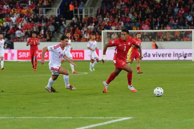 Luzern, Switzerland - October 06: Sascha Britschgi (2 SUI) against Dimitar Mitrovski (20 MKD) during the UEFA Nations League match between Switzerland and North Macedonia at thermoplan arena on October 06, 2026 in Luzern, Switzerland. Copyright: xKjetilxWaberx xSPPx Sportspressphoto_SPR247191