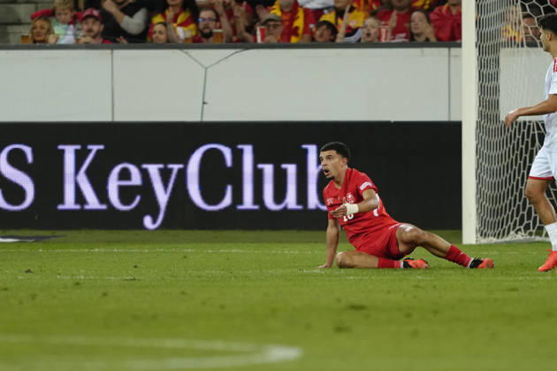 Luzern, Switzerland - October 06: Mohamed Zeki Amdouni (10 SUI) after a foul on the pitch during the UEFA Nations League match between Switzerland and North Macedonia at thermoplan arena on October 06, 2026 in Luzern, Switzerland. Copyright: xKjetilxWaberx xSPPx Sportspressphoto_SPR247201