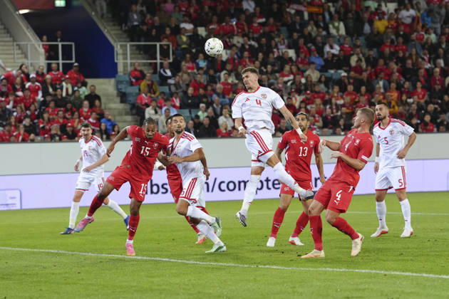 Luzern, Switzerland - October 06: Andrej Stojchevski (4 MKD) with a header during the UEFA Nations League match between Switzerland and North Macedonia at thermoplan arena on October 06, 2026 in Luzern, Switzerland. Copyright: xKjetilxWaberx xSPPx Sportspressphoto_SPR247224