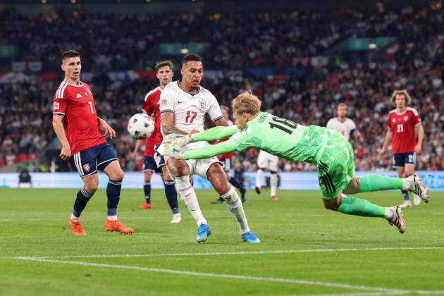 England v Czechia 06 October 2026, London - International Football - UEFA Nations League - England v Czechia - Czechia goalkeeper Lukas Hornicek punches the ball clear and sends Morgan Rogers of England flying - Photo: Charlotte Wilson Offside. London UK Copyright: xCharlottexWilsonx xOffsidexOffside