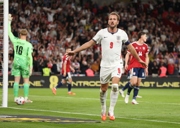 Harry Kane (E) celebrates scoring the second England goal (2-0) at the England v Czechia UEFA Nations League Group 3 match, at Wembley Stadium, London, UK, on 6th October, 2026. .