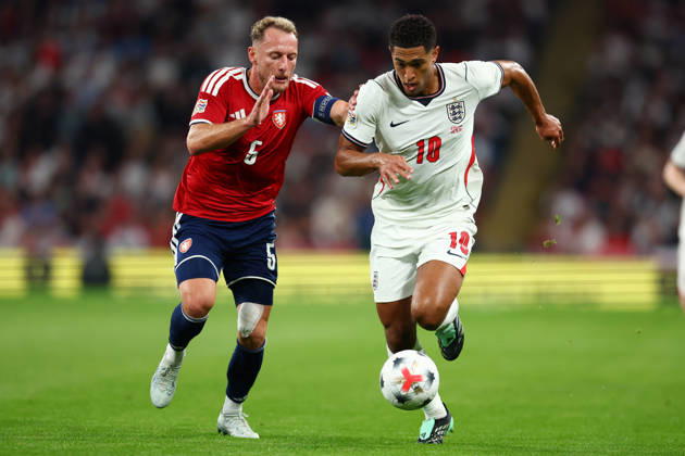 London, England, 6th October 2026. Vladimir Coufal of Czechia and Jude Bellingham of England challenge for the balluring the England vs Czech Republic UEFA Nations League match at Wembley Stadium, London. Picture credit should read: Paul Terry Sportimage EDITORIAL USE ONLY. No use with unauthorised audio, video, data, fixture lists, club league logos or live services. Online in-match use limited to 120 images, no video emulation. No use in betting, games or single club league player publications. SPI_016_PT_England__Czechia SPI-5055-0016
