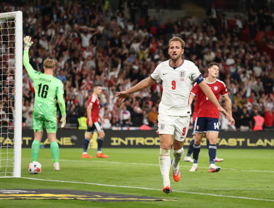 Harry Kane (E) celebrates scoring the second England goal (2-0) at the England v Czechia UEFA Nations League Group 3 match, at Wembley Stadium, London, UK, on 6th October, 2026. .
