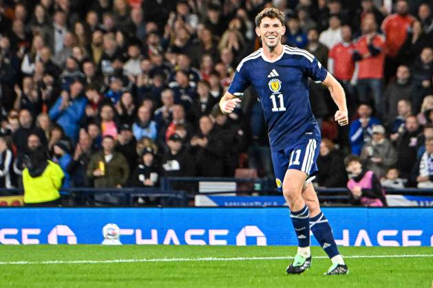 Scotland v Slovenia UEFA Nations League Ryan Christie of Scotland scores his sides first goal of the match and celebrates his goal during the UEFA Nations League match at Barclays Hampden, Glasgow 06 10 2026 UK Newspapers OUT Copyright: xJamiexJohnstonx FIL-24032-0057