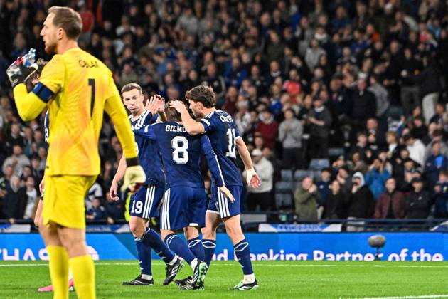 Scotland v Slovenia UEFA Nations League Ryan Christie of Scotland scores his sides first goal of the match and celebrates his goal with teammates during the UEFA Nations League match at Barclays Hampden, Glasgow 06 10 2026 UK Newspapers OUT Copyright: xJamiexJohnstonx FIL-24032-0059