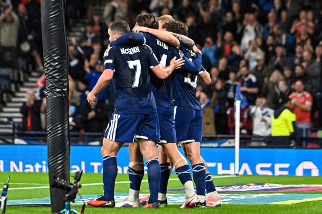 Scotland v Slovenia UEFA Nations League Ryan Christie of Scotland scores his sides first goal of the match and celebrates his goal with teammates during the UEFA Nations League match at Barclays Hampden, Glasgow 06 10 2026 UK Newspapers OUT Copyright: xJamiexJohnstonx FIL-24032-0060