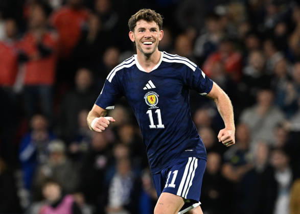 Glasgow, Scotland, 6th October 2026. Ryan Christie of Scotland scores the opening goal during the Scotland vs Slovenia UEFA Nations League match at Hampden Park, Glasgow. Picture credit should read: Neil Hanna Sportimage EDITORIAL USE ONLY. No use with unauthorised audio, video, data, fixture lists, club league logos or live services. Online in-match use limited to 120 images, no video emulation. No use in betting, games or single club league player publications. SPI_023_NH_Scotland_Slovenia SPI-5054-0023