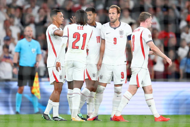 London, England, 6th October 2026. Harry Kane of England celebrates with team mates after Vladimir Coufal of Czechia scores and own goal to make it 1-0 during the England vs Czech Republic UEFA Nations League match at Wembley Stadium, London. Picture credit should read: Paul Terry Sportimage EDITORIAL USE ONLY. No use with unauthorised audio, video, data, fixture lists, club league logos or live services. Online in-match use limited to 120 images, no video emulation. No use in betting, games or single club league player publications. SPI_018_PT_England__Czechia SPI-5055-0018