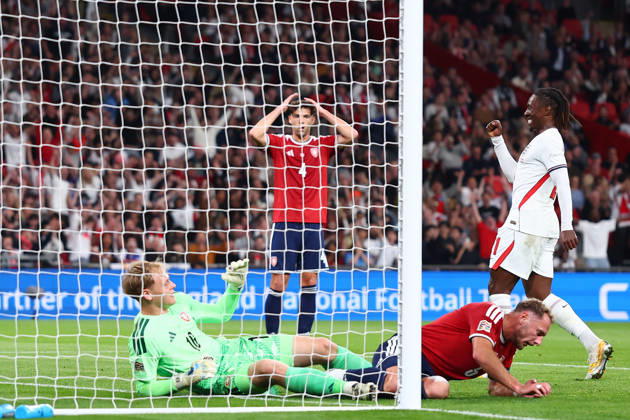 London, England, 6th October 2026. Eberechi Eze of England celebrates after Vladimir Coufal of Czechia scores to make it 1-0 during the England vs Czech Republic UEFA Nations League match at Wembley Stadium, London. Picture credit should read: Paul Terry Sportimage EDITORIAL USE ONLY. No use with unauthorised audio, video, data, fixture lists, club league logos or live services. Online in-match use limited to 120 images, no video emulation. No use in betting, games or single club league player publications. SPI_019_PT_England__Czechia SPI-5055-0019