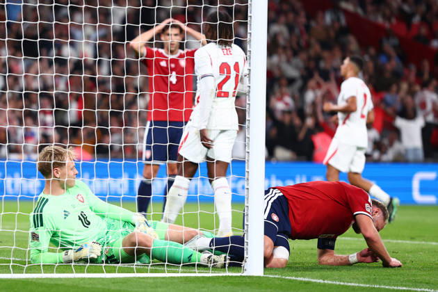 London, England, 6th October 2026. Vladimir Coufal of Czechia looks dejected after scoring an own goal to make it 1-0 during the England vs Czech Republic UEFA Nations League match at Wembley Stadium, London. Picture credit should read: Paul Terry Sportimage EDITORIAL USE ONLY. No use with unauthorised audio, video, data, fixture lists, club league logos or live services. Online in-match use limited to 120 images, no video emulation. No use in betting, games or single club league player publications. SPI_020_PT_England__Czechia SPI-5055-0020