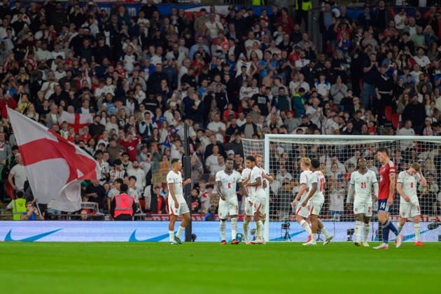 LONDON, ENGLAND OCTOBER 06 - Players of England celebrating scoring the team s second goal during the UEFA Nations League game between England and Czechia at Wembley Stadium on October 06, 2026 in London, England. (Photo by Keeran Marquis Sports Press Photo) Copyright: xKeeranxMarquis SPPx Sportspressphoto_SPR247291