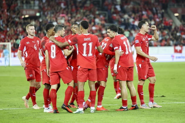 Torjubel Schweiz beim 1:0 durch Fabian Rieder (Schweiz, 22), Freude, Begeisterung, positive Emotionen, Torerfolg , Schweiz, UEFA , Nations League, Matchday 4, Schweiz vs. Nordmazedonien, 06.10.2026, Luzern Swissporarena Schweiz Copyright: xGrantxHubbsx