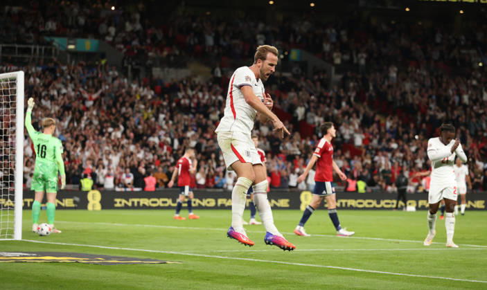Harry Kane (E) celebrates scoring the second England goal (2-0) at the England v Czechia UEFA Nations League Group 3 match, at Wembley Stadium, London, UK, on 6th October, 2026. .