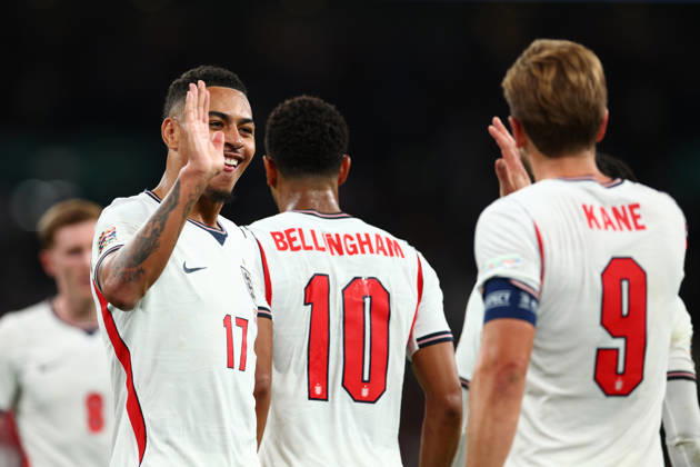 UEFA Nations League: England v Czech Republic LONDON, UK - 6th Oct 2026: Harry Kane of England celebrates scoring his side s second goal with team mate Morgan Rogers during the UEFA Nations League Group A3 match between England and Czech Republic at Wembley Stadium London Wembley Stadium England United Kingdom Copyright: xCraigxMercerx xPeakxActionxPhotosx