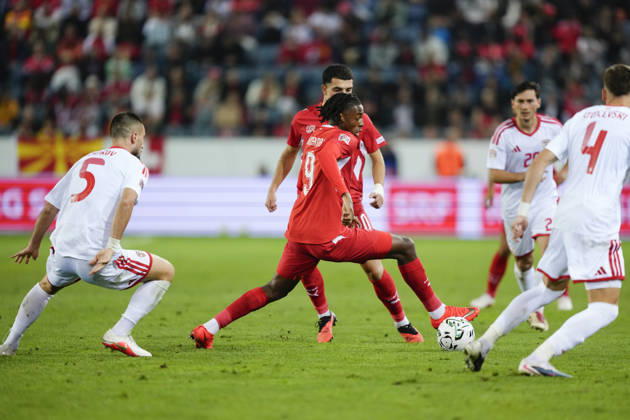 Luzern, Switzerland - October 06: Johan Manzambi (9 SUI) against Dimitar Mitrovski (20 MKD), Gjoko Zajkov (5 MKD) and Andrej Stojchevski (4 MKD) during the UEFA Nations League match between Switzerland and North Macedonia at thermoplan arena on October 06, 2026 in Luzern, Switzerland. Copyright: xKjetilxWaberx xSPPx Sportspressphoto_SPR247312