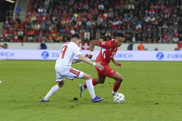 Luzern, Switzerland - October 06: Dan Ndoye (11 SUI) against Ljupche Doriev (19 MKD) during the UEFA Nations League match between Switzerland and North Macedonia at thermoplan arena on October 06, 2026 in Luzern, Switzerland. Copyright: xKjetilxWaberx xSPPx Sportspressphoto_SPR247323
