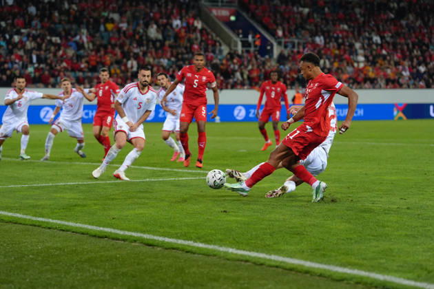 Luzern, Switzerland - October 06: Dan Ndoye (11 SUI) shoots the ball in direction of the goal during the UEFA Nations League match between Switzerland and North Macedonia at thermoplan arena on October 06, 2026 in Luzern, Switzerland. Copyright: xKjetilxWaberx xSPPx Sportspressphoto_SPR247334