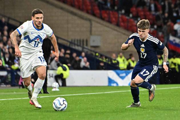 Scotland v Slovenia UEFA Nations League Ben Gannon-Doak of Scotland and Erik Janza of Slovenia during the UEFA Nations League match at Barclays Hampden, Glasgow 06 10 2026 UK Newspapers OUT Copyright: xJamiexJohnstonx FIL-24032-0086