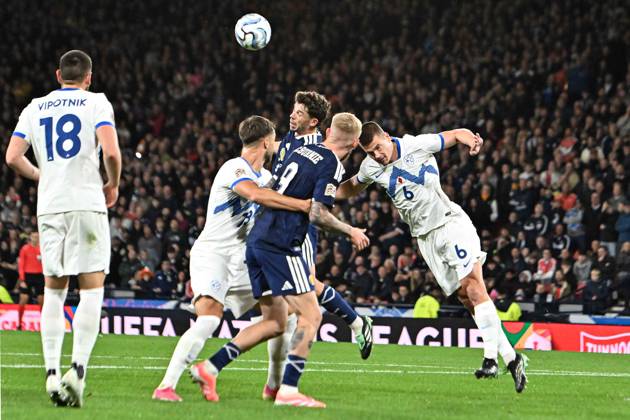 Scotland v Slovenia UEFA Nations League Ryan Christie of Scotland battles for the ball with Jaka Bijol of Slovenia in the air during the UEFA Nations League match at Barclays Hampden, Glasgow 06 10 2026 UK Newspapers OUT Copyright: xJamiexJohnstonx FIL-24032-0088