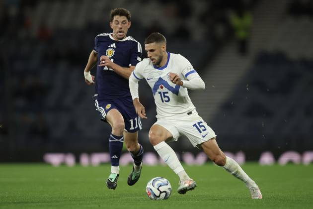 RECORD DATE NOT STATED 6th October 2026; Hampden Park, Glasgow, Scotland; UEFA Nations League Football, Scotland versus Slovenia; Danijel Sturm of Slovenia goes past Ryan Christie of Scotland DavidxYoung