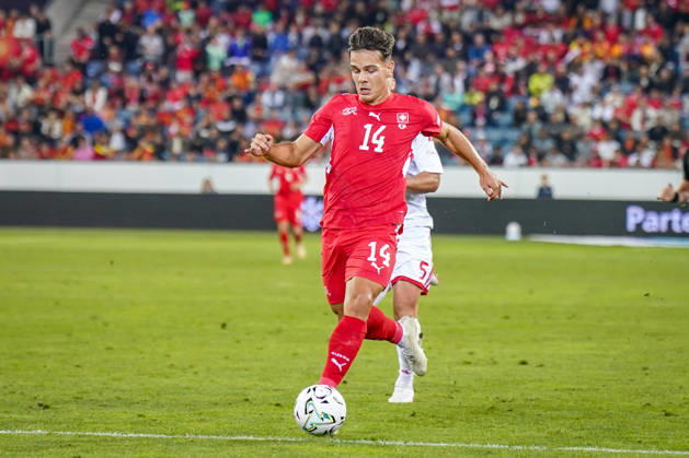 Fussball UEFA Nations League 2026 - 2027, 4. Spieltag - Schweiz vs Nordmazedonien - Thermoplan Arena (Luzern): Ardon Jashari (Schweiz, 14) am Ball Copyright: xJOERANxSTEINSIEKx