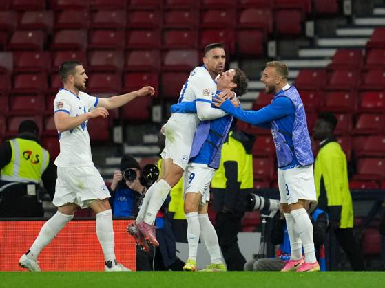Aljosa Matko of Slovenia celebrates with team mates after scoring to tie the game 1-1. Scotland v Slovenia, Football, UEFA Nation s League, Group B1, Hampden Park, Glasgow, UK, Hampden Park, Glasgow, Scotland, Scotland, UK - 06 Oct 2026Glasgow Hampden Park Scotland United Kingdom Copyright: xStuartxWallace Shutterstockx 17189021ae