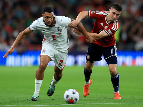 England v Czechia - UEFA Nations League 2026 27 Group A3 MD4 Trent Alexander-Arnold and Jiri Slama of Czechia challenge during the UEFA Nations League 2026 27 group phase match between England and Czechia at Wembley Stadium on October 6, 2026 in London, England. London Wembley Stadium England United Kingdom Copyright: xAllstarxPicturexLibraryxLtdx