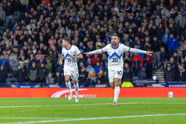 RECORD DATE NOT STATED 6th October 2026; Hampden Park, Glasgow, Scotland; UEFA Nations League Football, Scotland versus Slovenia; Aljosa Matko of Slovenia celebrates after he shoots and scores in the 56th minute to make it 1-1 VagelisxGeorgariou
