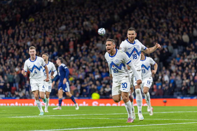 RECORD DATE NOT STATED 6th October 2026; Hampden Park, Glasgow, Scotland; UEFA Nations League Football, Scotland versus Slovenia; Aljosa Matko of Slovenia celebrates after he shoots and scores in the 56th minute to make it 1-1 VagelisxGeorgariou