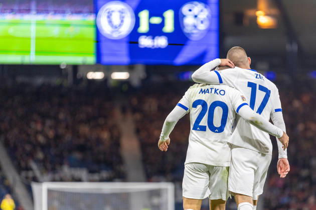RECORD DATE NOT STATED 6th October 2026; Hampden Park, Glasgow, Scotland; UEFA Nations League Football, Scotland versus Slovenia; Aljosa Matko of Slovenia celebrates with David Zec of Slovenia after he shoots and scores in the 56th minute to make it 1-1 VagelisxGeorgariou