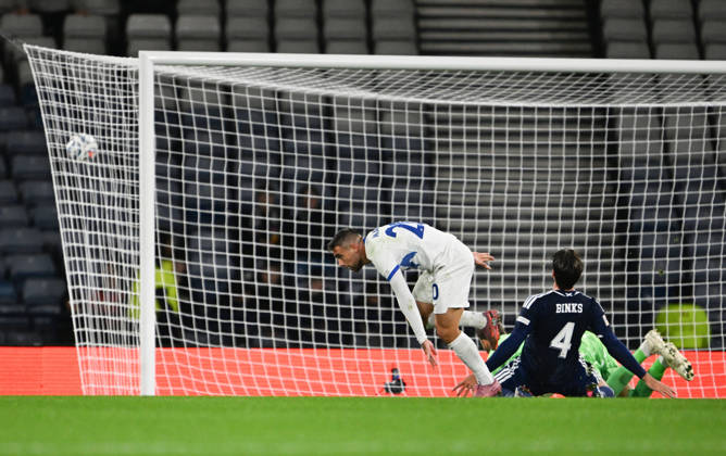 Glasgow, Scotland, 6th October 2026. Aljosa Matko of Slovenia scores his sides equaliser during the Scotland vs Slovenia UEFA Nations League match at Hampden Park, Glasgow. Picture credit should read: Neil Hanna Sportimage EDITORIAL USE ONLY. No use with unauthorised audio, video, data, fixture lists, club league logos or live services. Online in-match use limited to 120 images, no video emulation. No use in betting, games or single club league player publications. SPI_037_NH_Scotland_Slovenia SPI-5054-0034