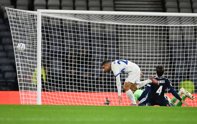Glasgow, Scotland, 6th October 2026. Aljosa Matko of Slovenia scores his sides equaliser during the Scotland vs Slovenia UEFA Nations League match at Hampden Park, Glasgow. Picture credit should read: Neil Hanna Sportimage EDITORIAL USE ONLY. No use with unauthorised audio, video, data, fixture lists, club league logos or live services. Online in-match use limited to 120 images, no video emulation. No use in betting, games or single club league player publications. SPI_036_NH_Scotland_Slovenia SPI-5054-0036