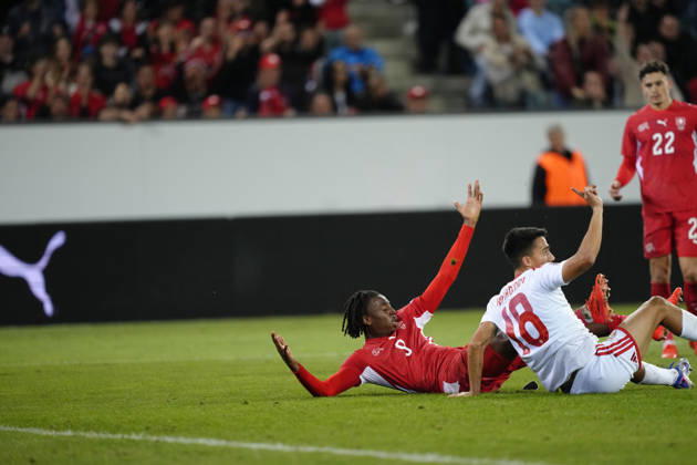 Luzern, Switzerland - October 06: Johan Manzambi (9 SUI) on the pitch after duel with Tihomir Kostadinov (18 MKD) during the UEFA Nations League match between Switzerland and North Macedonia at thermoplan arena on October 06, 2026 in Luzern, Switzerland. Copyright: xKjetilxWaberx xSPPx Sportspressphoto_SPR247351