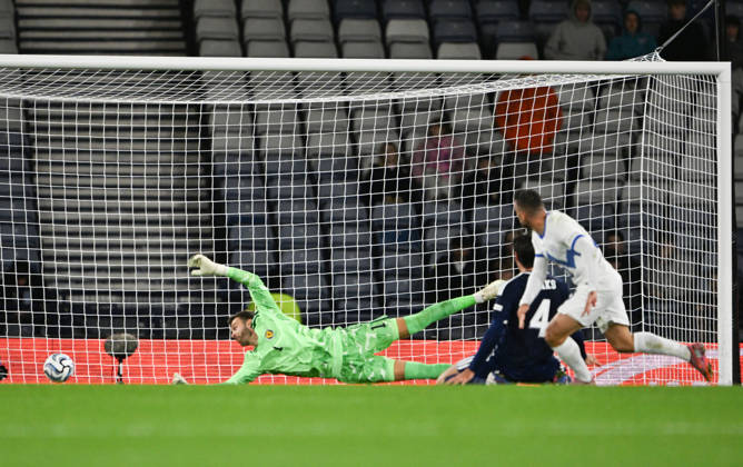 Glasgow, Scotland, 6th October 2026. Aljosa Matko of Slovenia scores his sides equaliser during the Scotland vs Slovenia UEFA Nations League match at Hampden Park, Glasgow. Picture credit should read: Neil Hanna Sportimage EDITORIAL USE ONLY. No use with unauthorised audio, video, data, fixture lists, club league logos or live services. Online in-match use limited to 120 images, no video emulation. No use in betting, games or single club league player publications. SPI_035_NH_Scotland_Slovenia SPI-5054-0037