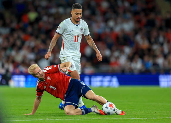 England v Czechia - UEFA Nations League 2026 27 Group A3 MD4 Ondrej Zmrzly of Czechia and Morgan Rogers of England challenge during the UEFA Nations League 2026 27 group phase match between England and Czechia at Wembley Stadium on October 6, 2026 in London, England. London Wembley Stadium England United Kingdom Copyright: xAllstarxPicturexLibraryxLtdx