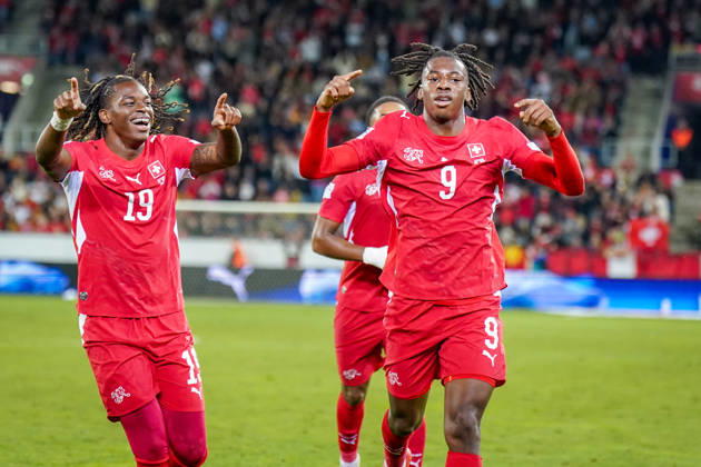 Fussball UEFA Nations League 2026 - 2027, 4. Spieltag - Schweiz vs Nordmazedonien - Thermoplan Arena (Luzern): Tor und Torjubel zum 2:0 durch Johan Manzambi (Schweiz, 9) Freude, Emotionen, Jubel Winsley Boteli (Schweiz, 19) Copyright: xJOERANxSTEINSIEKx